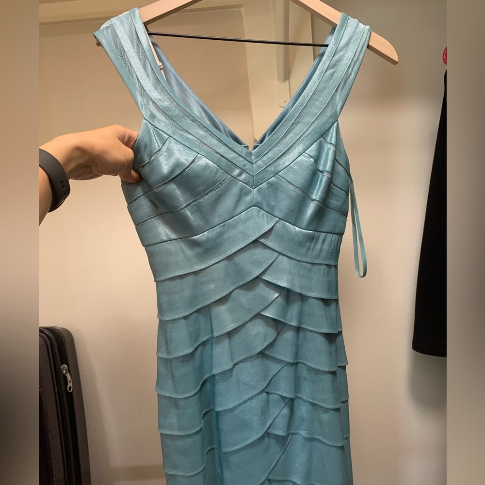 Flattering off shoulder flared sea foam dress mid thigh length